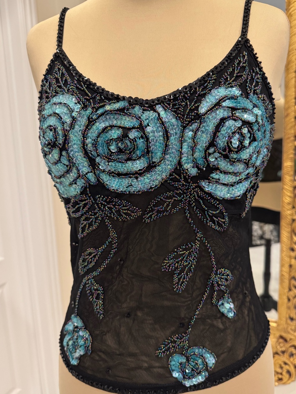 Black hand Beaded Sheer Camisole w/Turquoise Roses.  Stretch. Attitudes by Debra